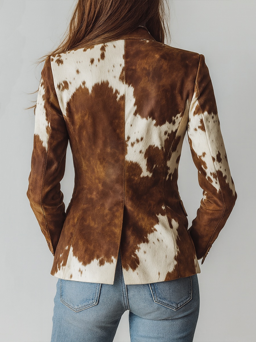 Woman wearing a vintage cow print blazer
