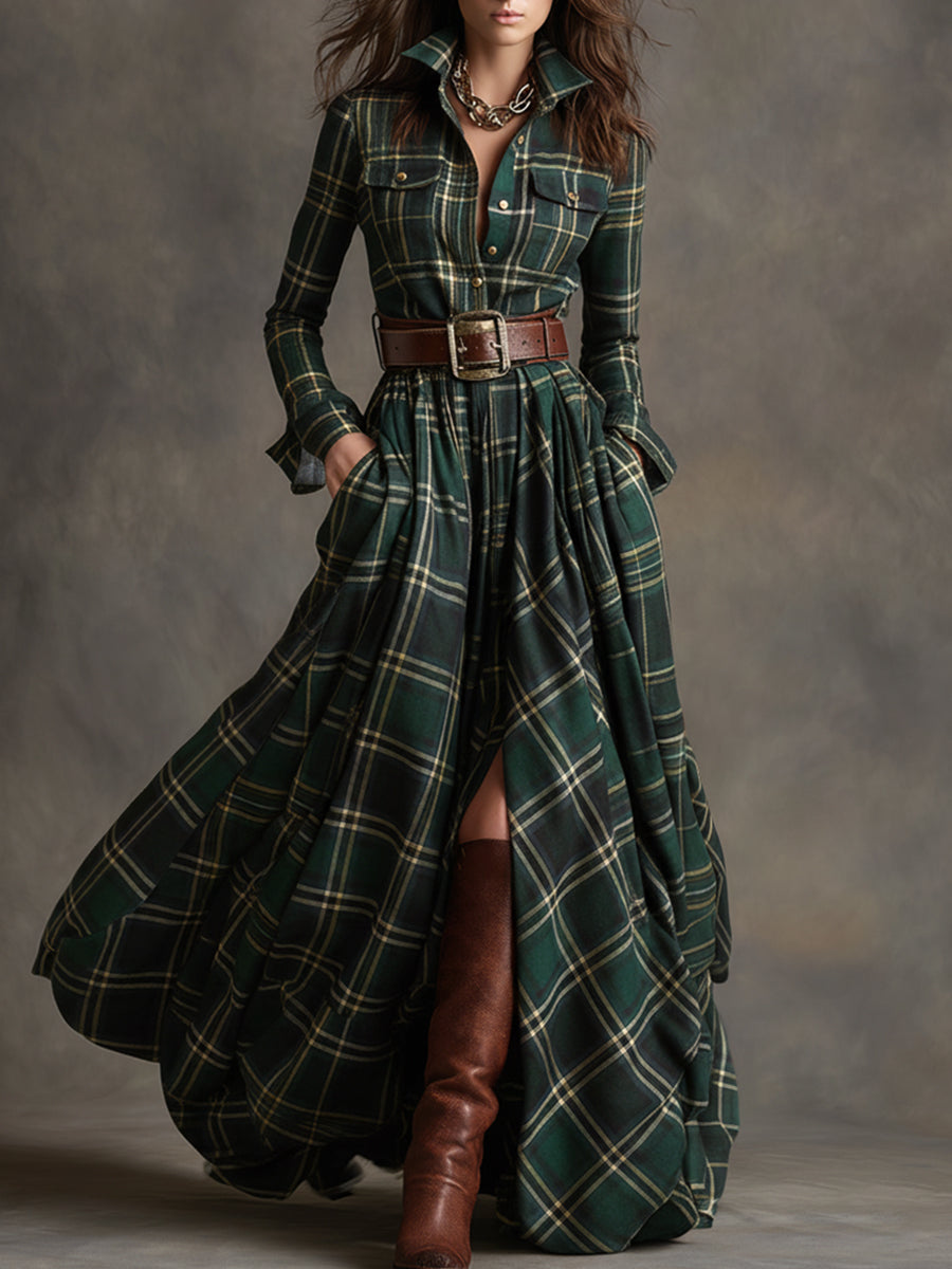 Woman wearing a belted plaid shirt dress with structured collar and flared skirt