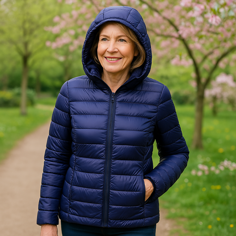 Navy blue lightweight padded jacket with a feminine fit