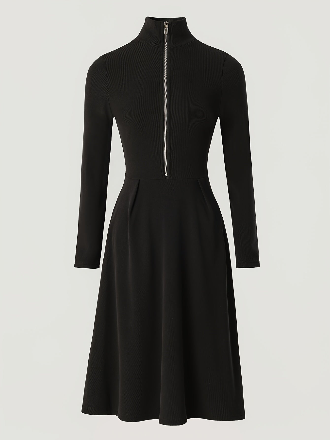 Woman wearing a zip-front long-sleeve stretch dress