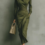 Woman wearing a wrap-style midi dress