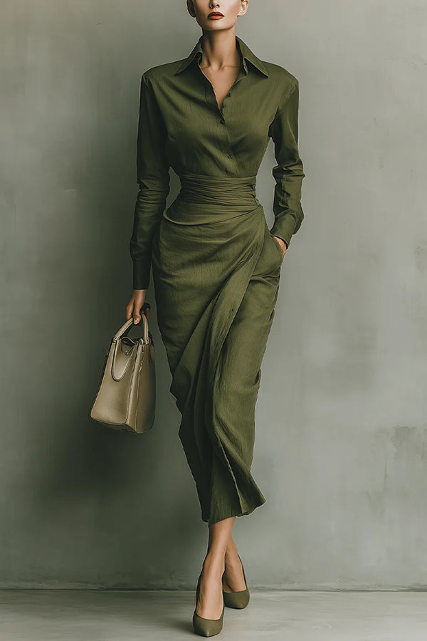 Woman wearing a wrap-style midi dress