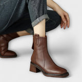 Eleanor Boots in brown leather, side view on model
