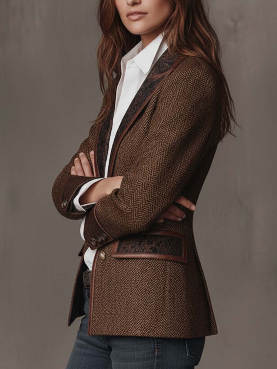 Woman wearing a herringbone panel blazer