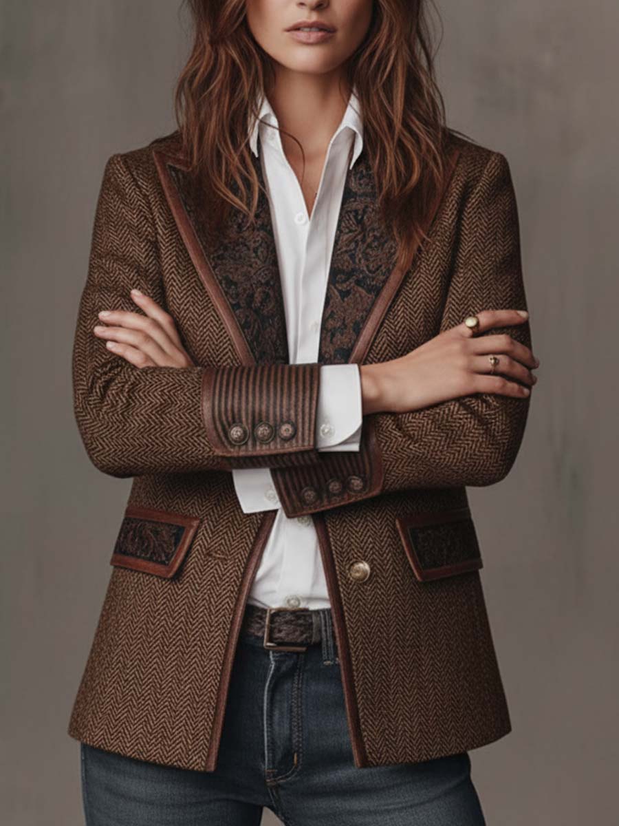 Woman wearing a herringbone panel blazer