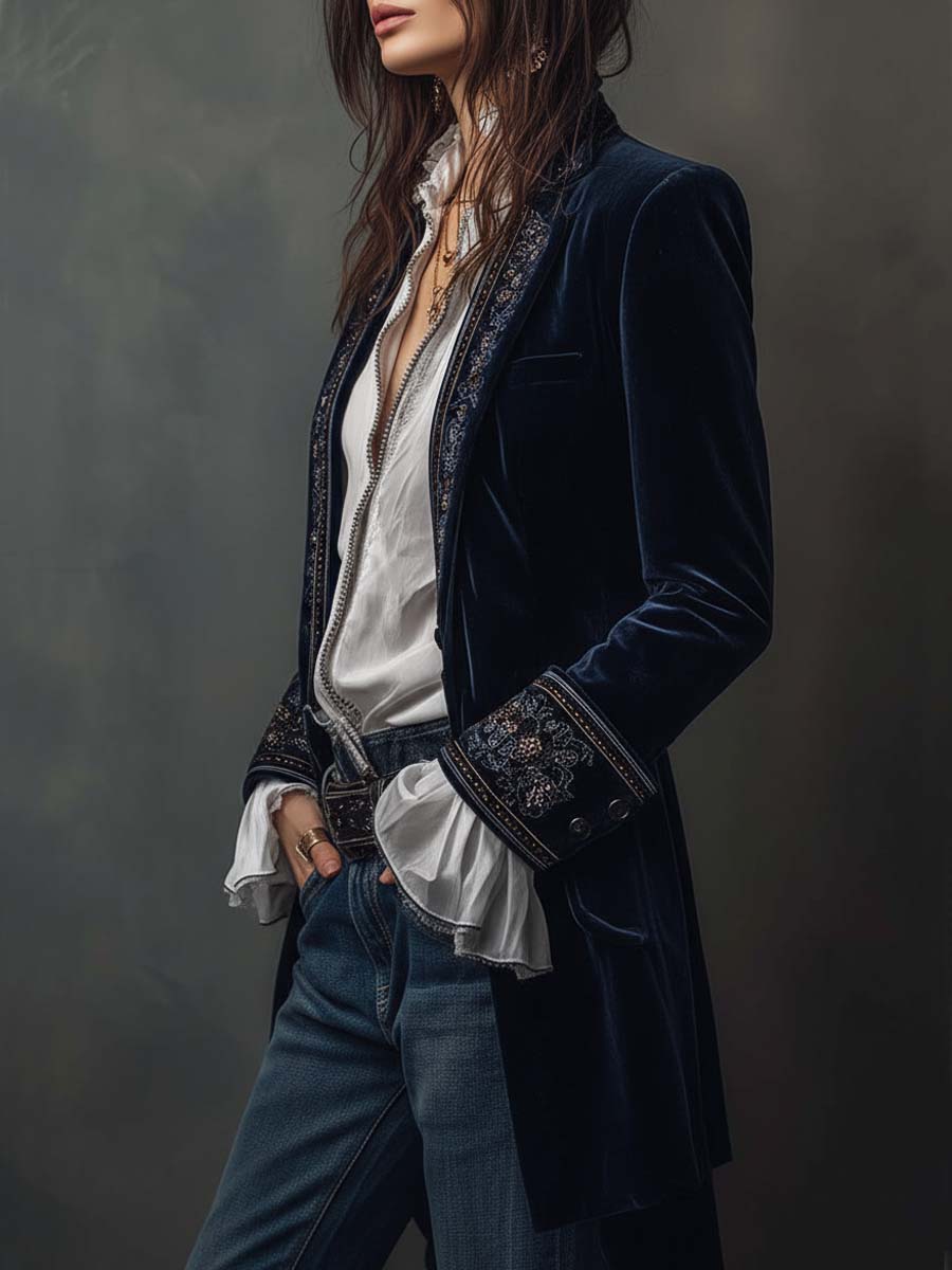 Woman wearing a long embroidered velvet jacket