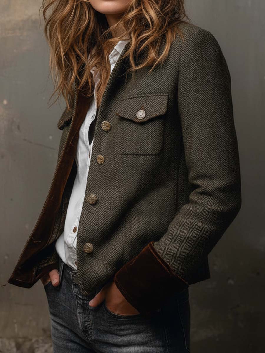 Woman wearing a herringbone blazer with contrast trim