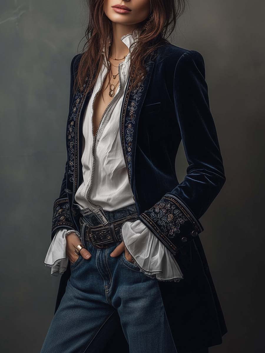 Woman wearing a long embroidered velvet jacket