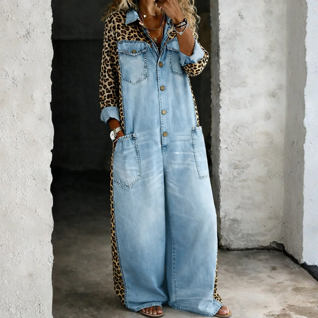 Woman wearing a soft denim jumpsuit