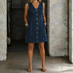 Sleeveless button-front denim dress