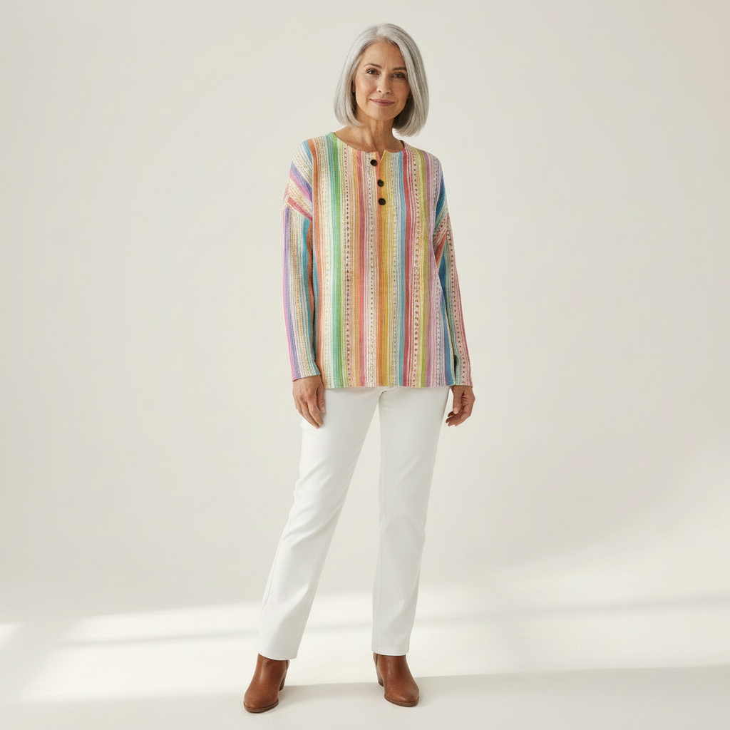 Sara Patterned Jumper - multicolour stripe knit, full length front view