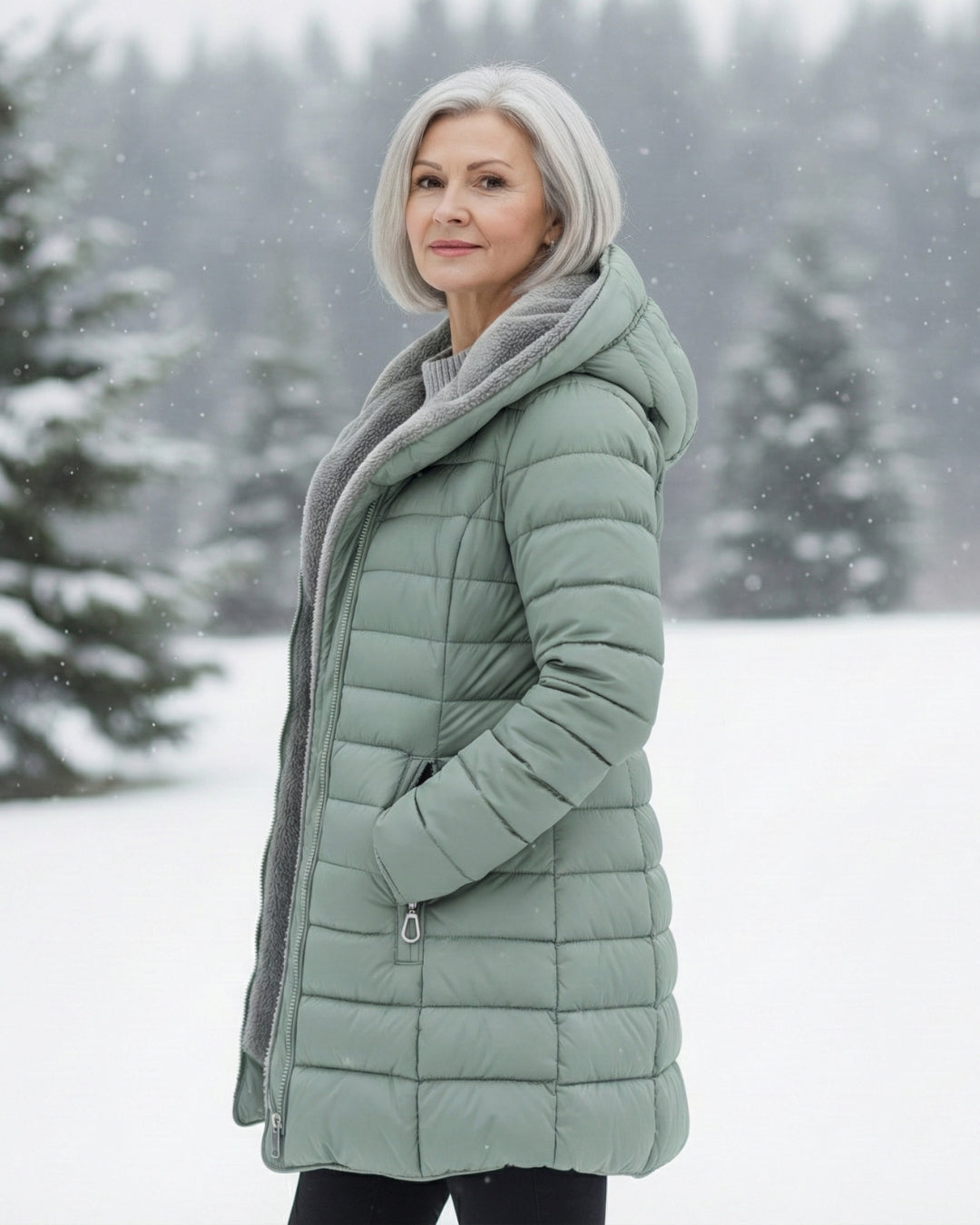 Woman wearing a fleece-lined quilted padded jacket with a shaped waist