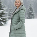 Woman wearing a fleece-lined quilted padded jacket with a shaped waist