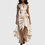 Woman wearing an evening wrap maxi dress with high slit