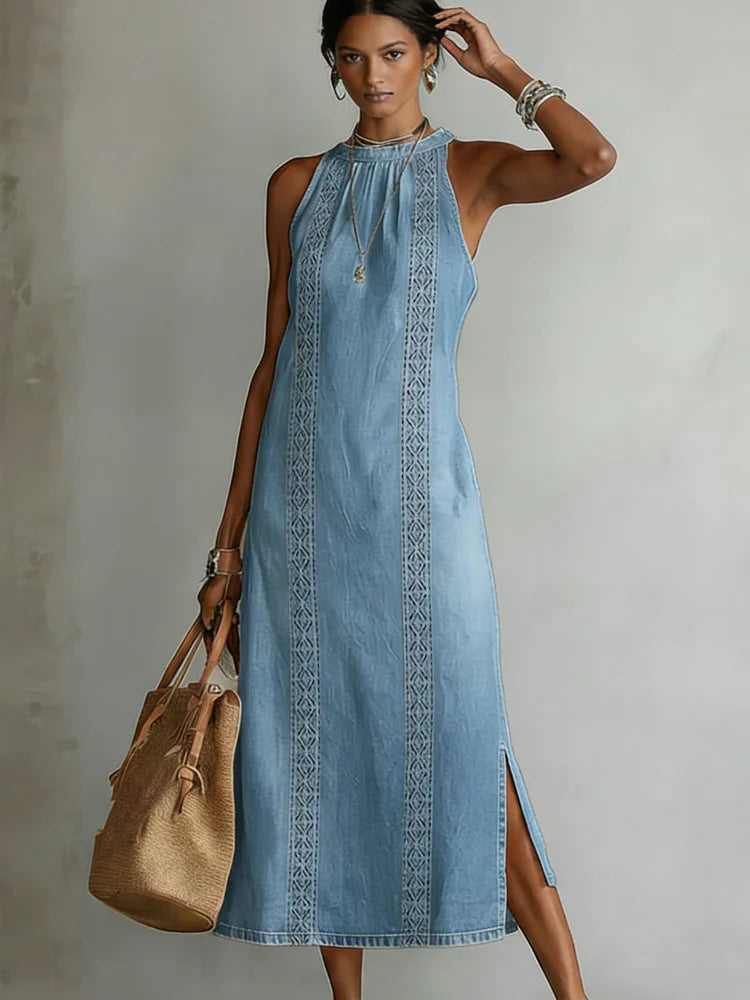 Retro lace-trim denim dress