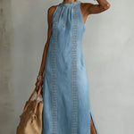 Retro lace-trim denim dress