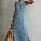 Retro lace-trim denim dress