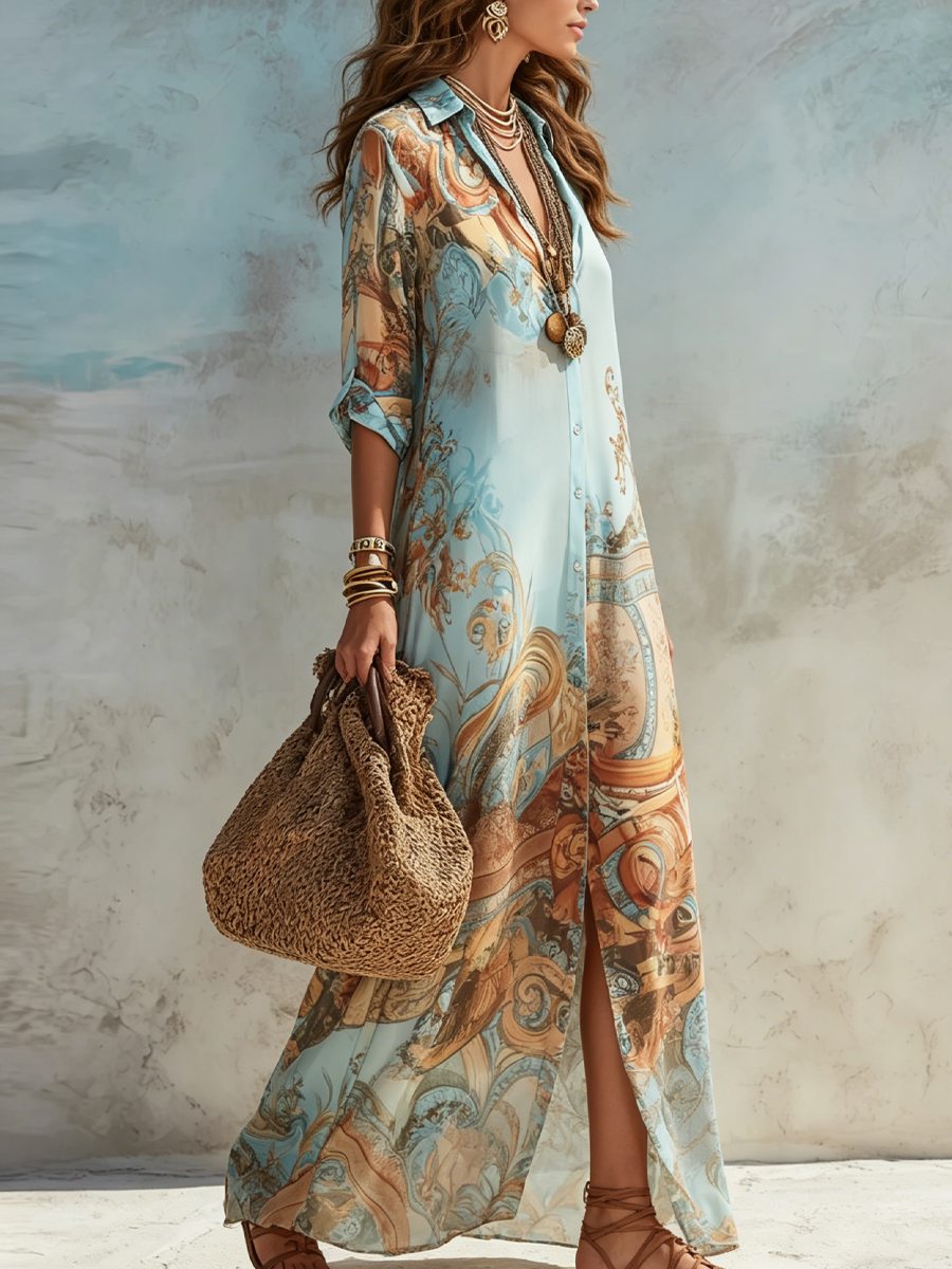 Blue printed midi shirt dress with self-tie waist