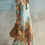 Blue printed midi shirt dress with self-tie waist