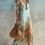 Blue printed midi shirt dress with self-tie waist