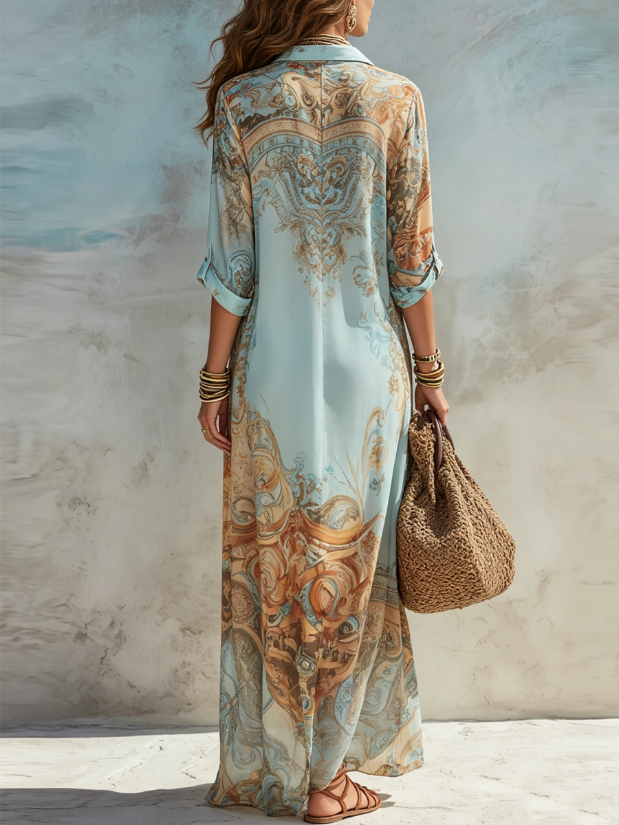 Blue printed midi shirt dress with self-tie waist