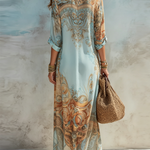 Blue printed midi shirt dress with self-tie waist