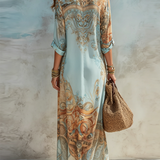 Blue printed midi shirt dress with self-tie waist