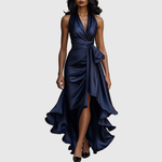 Woman wearing an evening wrap maxi dress with high slit