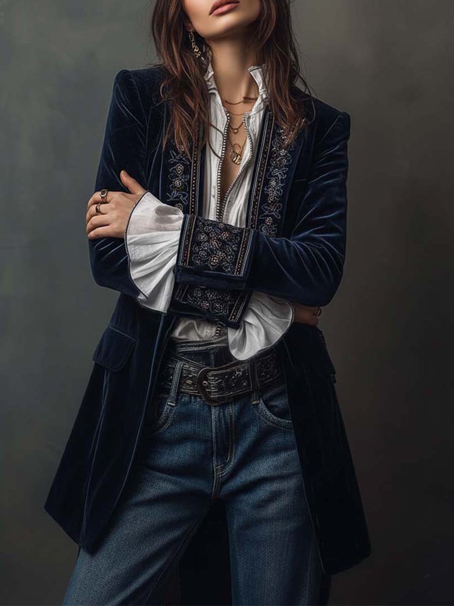 Woman wearing a long embroidered velvet jacket