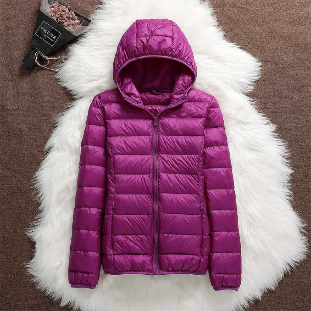 Purple lightweight padded jacket with a feminine fit