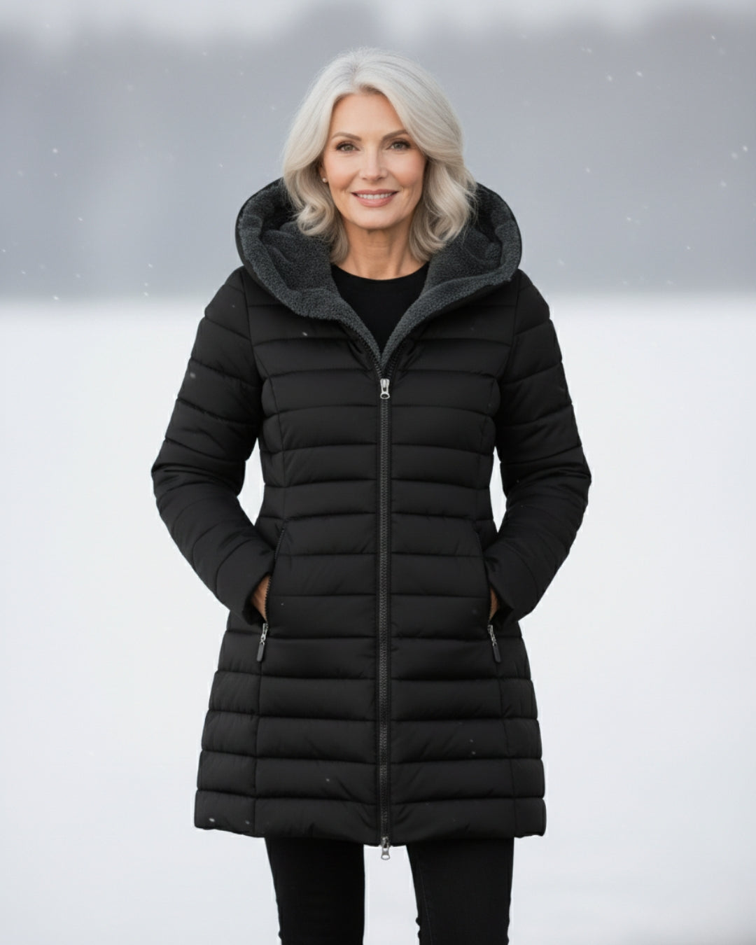 Woman wearing a fleece-lined quilted padded jacket with a shaped waist