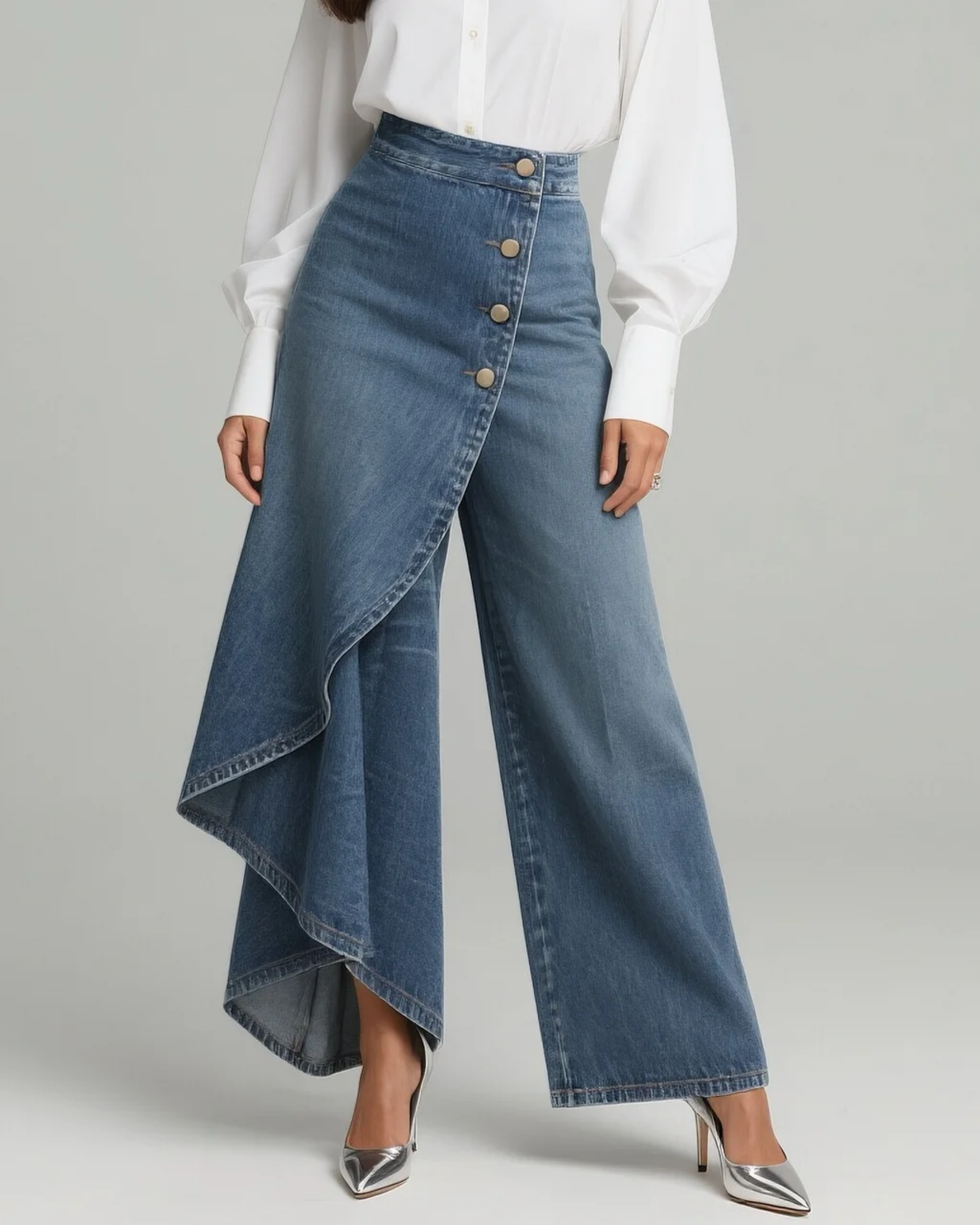 Wrap-style denim trousers