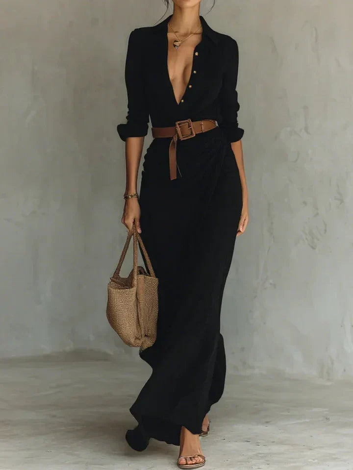 Woman wearing a wrap-style maxi dress with belt