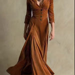 Woman wearing a button-front collar dress with 7/8 sleeves