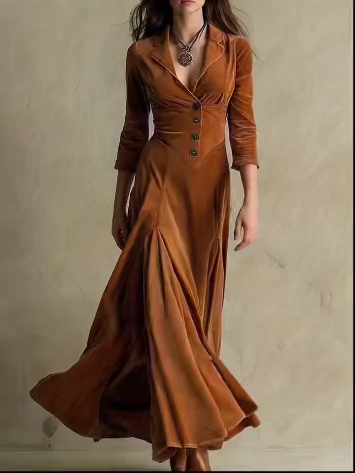 Woman wearing a button-front collar dress with 7/8 sleeves