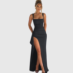 Black open-back slip maxi dress with thigh-high split