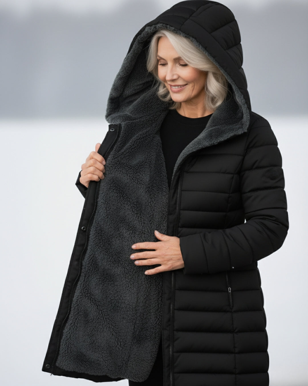 Woman wearing a fleece-lined quilted padded jacket with a shaped waist