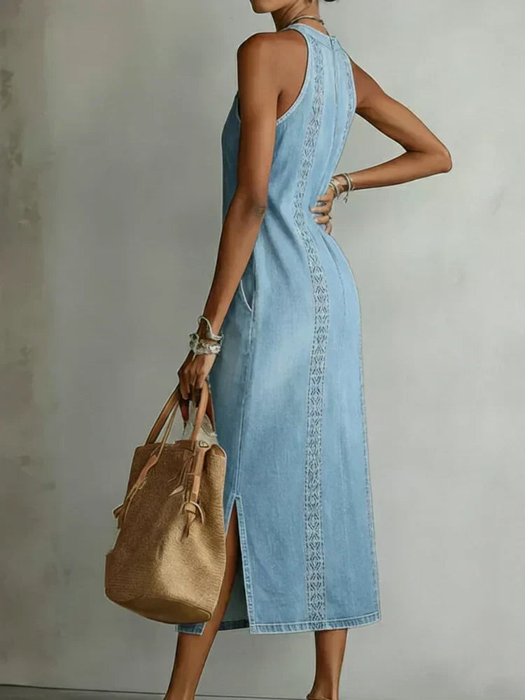 Retro lace-trim denim dress