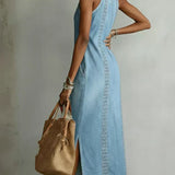 Retro lace-trim denim dress