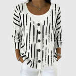 Ludomiła Comfortable Knit Cardigan - black and white dash-stripe button-front knit cardigan