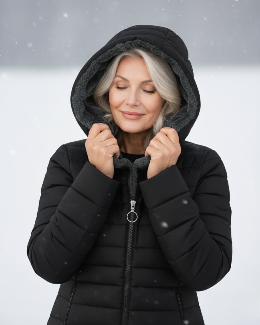 Woman wearing a fleece-lined quilted padded jacket with a shaped waist