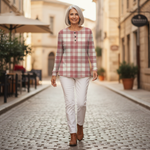 Emilie Luxuriously Simple Patterned Jumper - pink and cream check waffle-knit jumper - image 5
