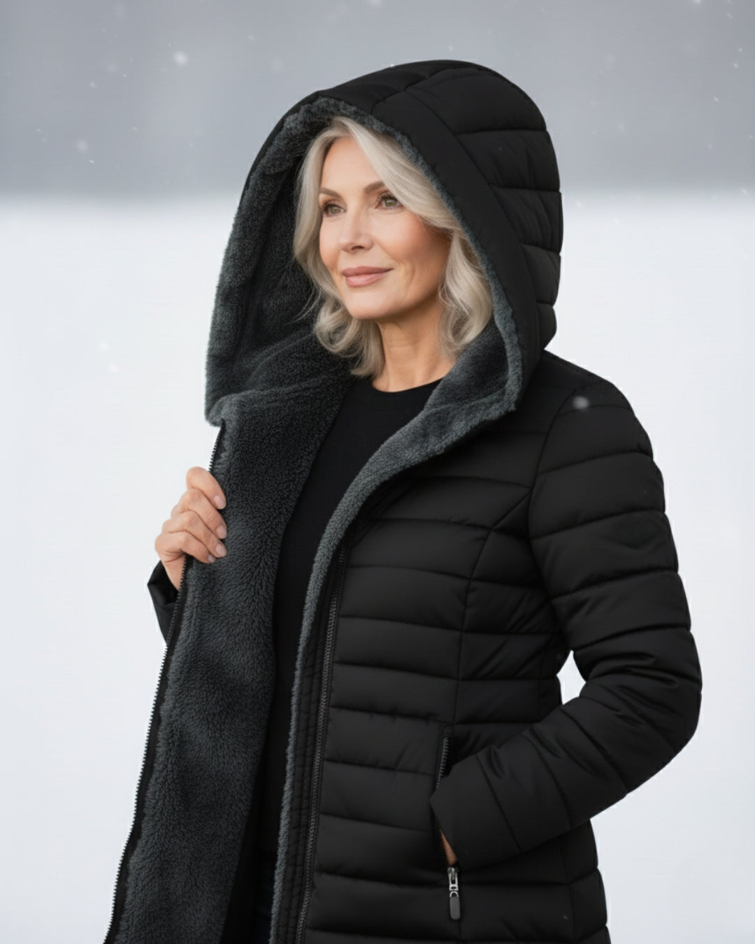 Woman wearing a fleece-lined quilted padded jacket with a shaped waist