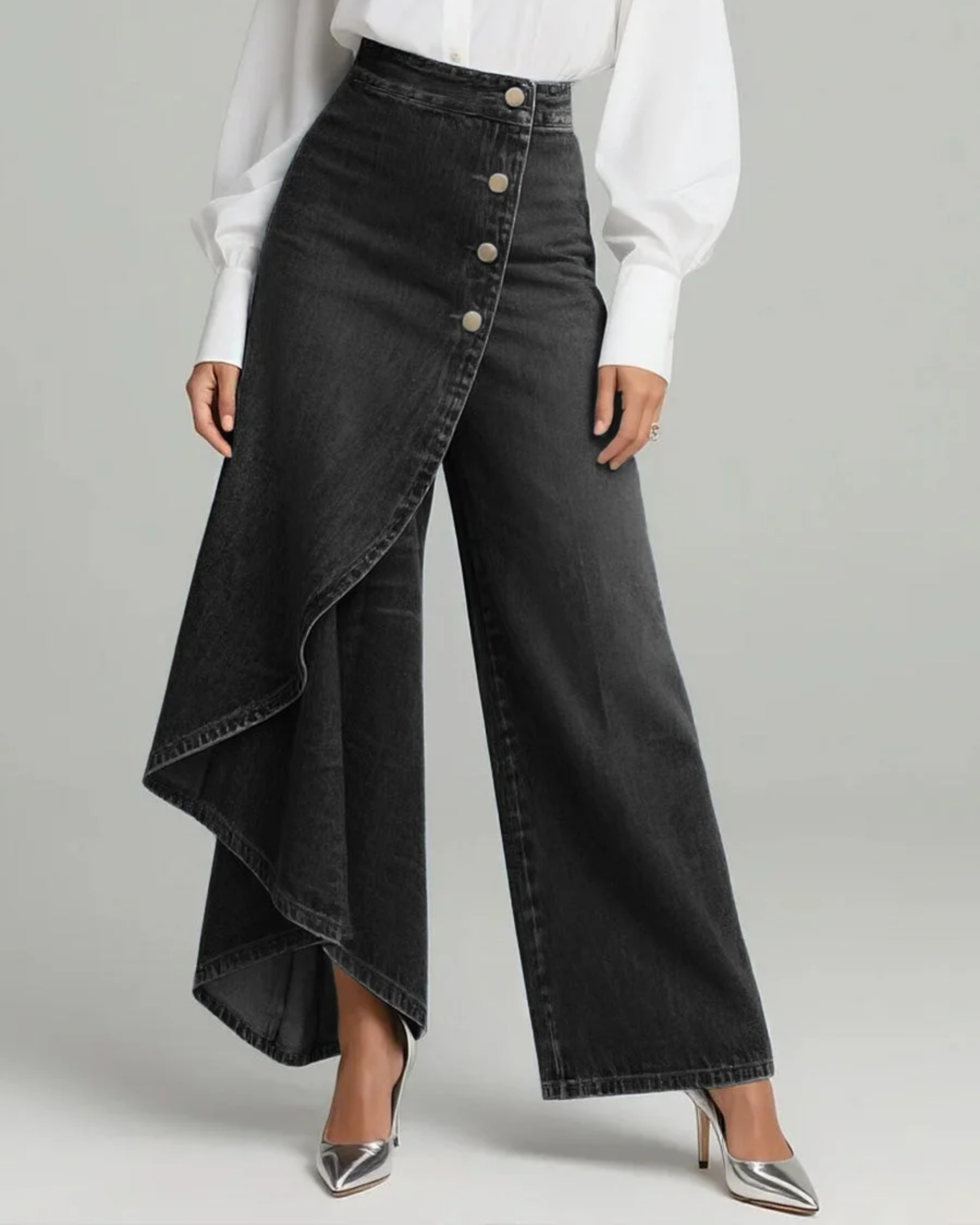 Wrap-style denim trousers