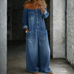 Woman wearing a long-sleeve off-shoulder denim jumpsuit