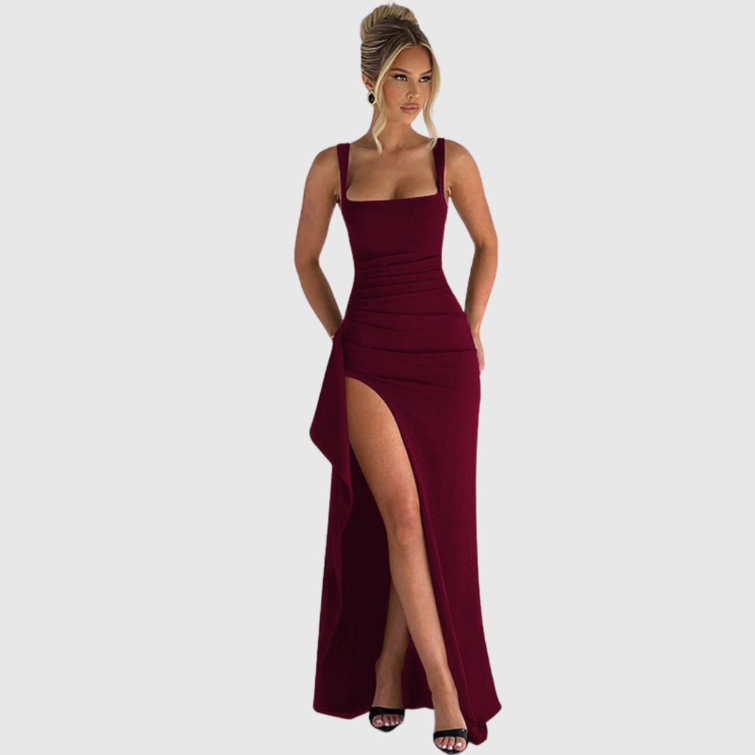 Black open-back slip maxi dress with thigh-high split