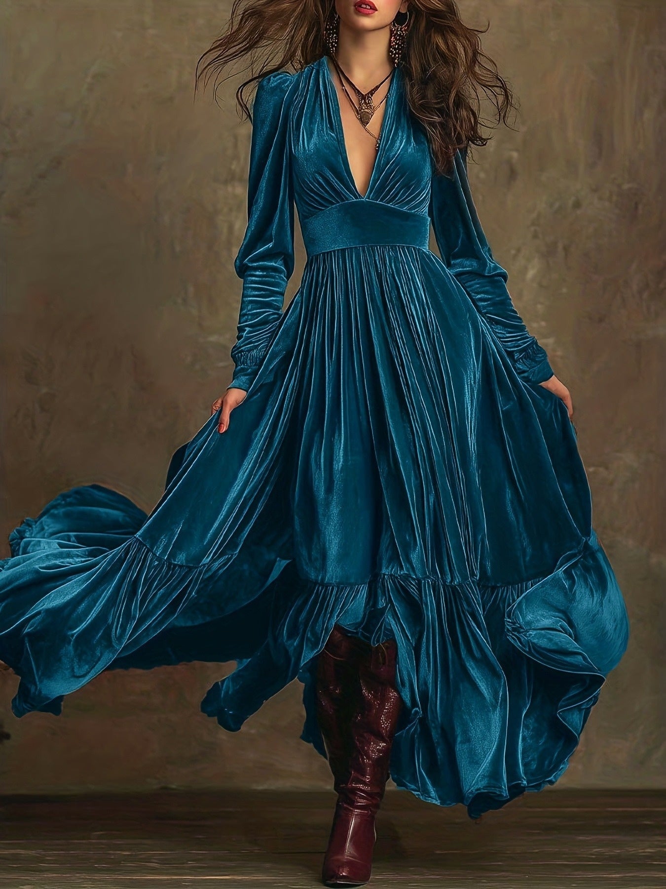 Woman wearing a deep V-neck pleated maxi dress
