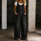 Woman wearing washed cotton dungarees with side pockets