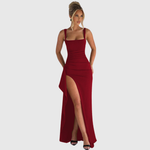 Black open-back slip maxi dress with thigh-high split