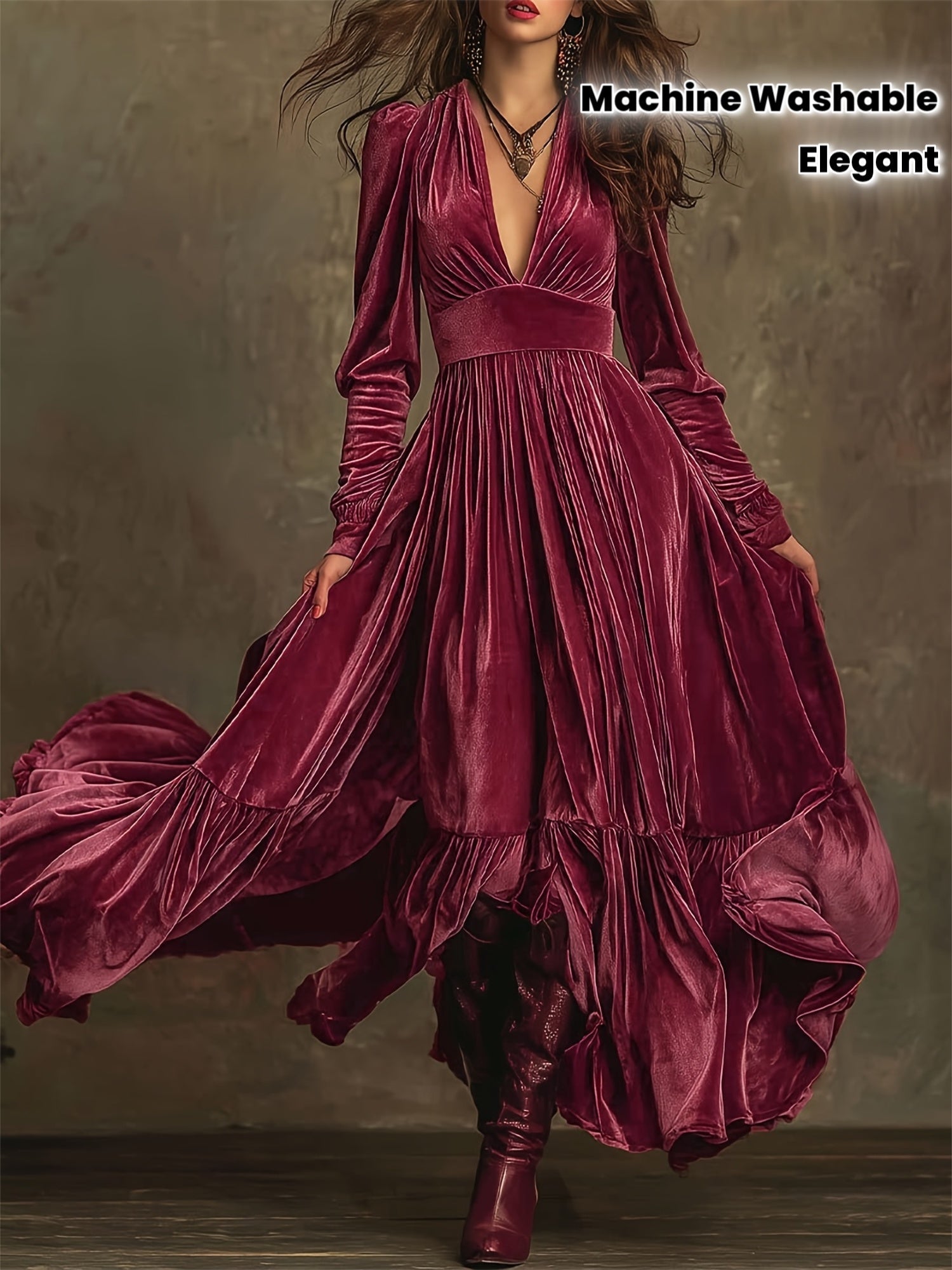 Woman wearing a deep V-neck pleated maxi dress